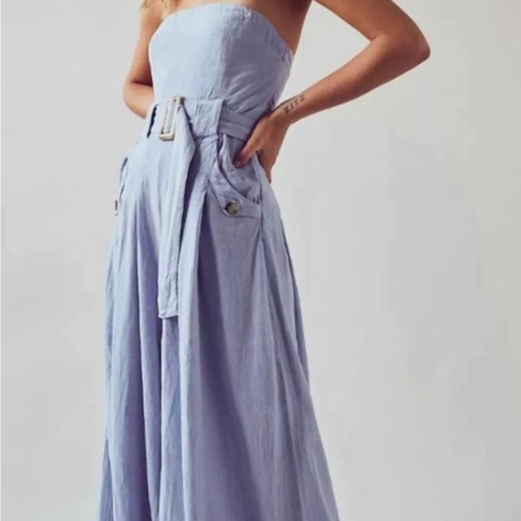Free People Lucia Strapless Tube Belted Wide Leg Jumpsuit Baby Blue